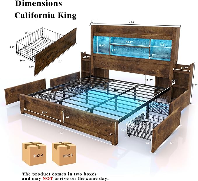 LUXOAK California King Bed Frame with 49.6" Bookcase Headboard & 2 Bedside Stoage Racks & 4 Drawers, Farmhouse Wood Bed Frame with RGB LED & Charging Station, No Box Spring Needed, Rustic Brown