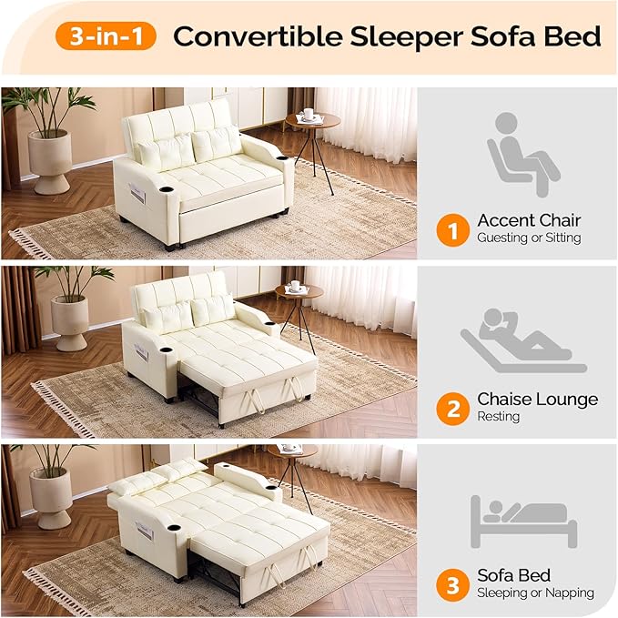 VINGLI Beige Loveseat Sleeper Sofa, Convertible Futon Sofa Bed Pullout Couch Bed with USB Ports, Cup Holders, Armrest for Living Room, Bedroom, Home Office Apartment