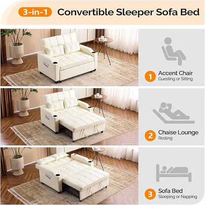 VINGLI Beige Loveseat Sleeper Sofa, Convertible Futon Sofa Bed Pullout Couch Bed with USB Ports, Cup Holders, Armrest for Living Room, Bedroom, Home Office Apartment
