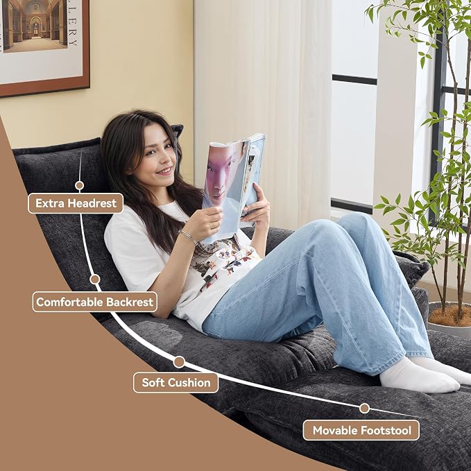 103'' Cloud Modern 3 Seater Couch with Detachable Headrest, Modular Sectional Sofa with Ottoman, Oversized L Shape Chenille Comfy Sofa with Armrests for Living Room, Dark Grey