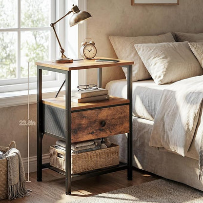 LOAKEKEL Night Stand, Nightstand with Charging Station, Slim Industrial Bedside Table with Fabric Drawer, Small End Table with USB & Type-C Ports for Bedroom, Brown, HETS010BR-1