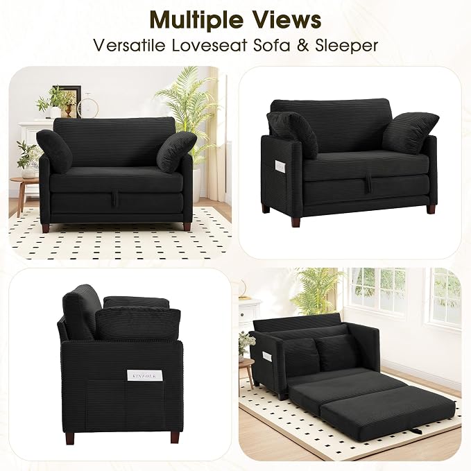 Myroyalsit 51" Convertible Loveseat Sofa Bed, 2-in-1 Folding Sofa Bed with 2 Pillow for Small Spaces, Modern Loveseat Sleeper Couch for Apartment, Living Room & Guest Room (Black Corduroy, 51 inch)