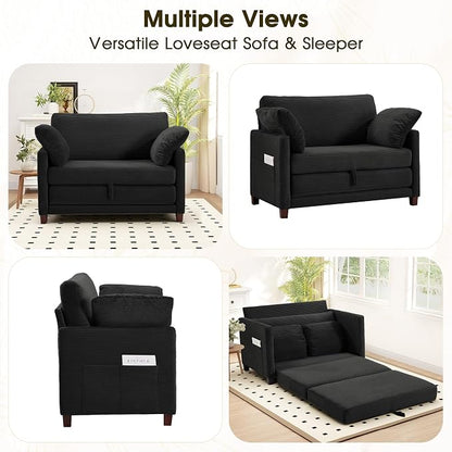 Myroyalsit 51" Convertible Loveseat Sofa Bed, 2-in-1 Folding Sofa Bed with 2 Pillow for Small Spaces, Modern Loveseat Sleeper Couch for Apartment, Living Room & Guest Room (Black Corduroy, 51 inch)