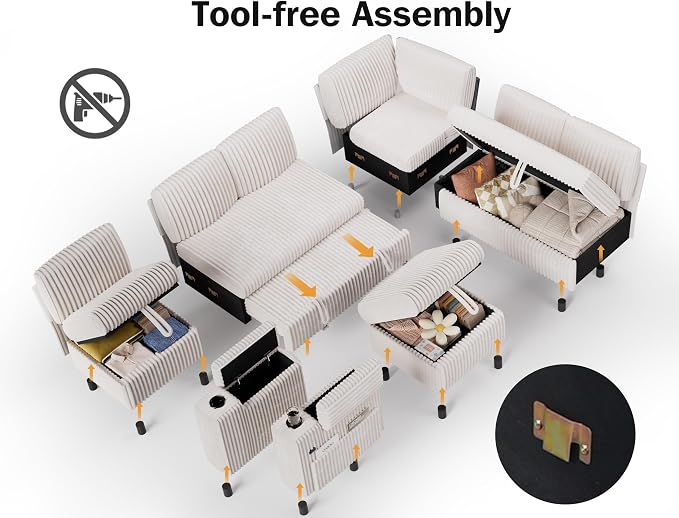 Vipbear 111" Modular Sectional Sleeper Sofa with Pull Out Bed, 7 Seat Corduroy L Shaped Couch with Ottoman|USB Ports|Cup Holders|Side Table|Storage Armrest, Tool Free Assembly, Beige