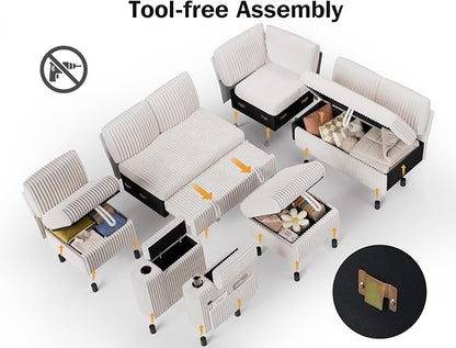 Vipbear 111" Modular Sectional Sleeper Sofa with Pull Out Bed, 7 Seat Corduroy L Shaped Couch with Ottoman|USB Ports|Cup Holders|Side Table|Storage Armrest, Tool Free Assembly, Beige