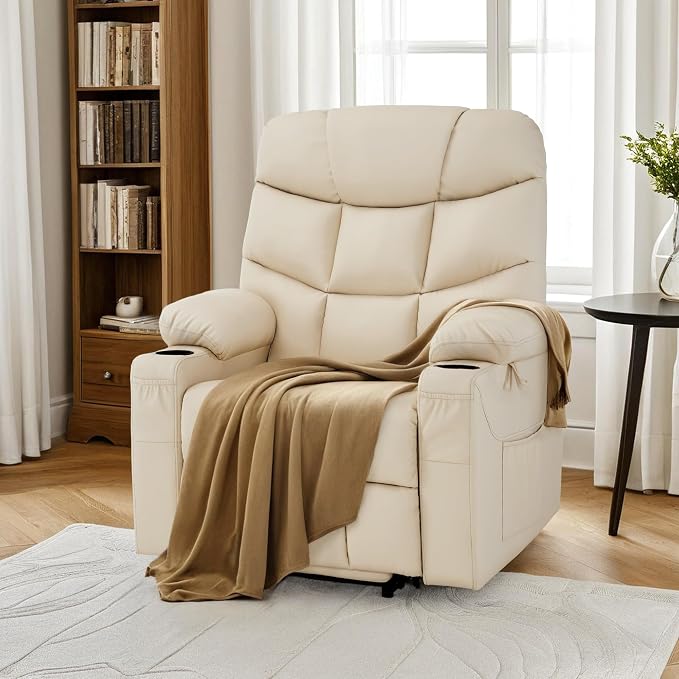 MCombo Power Lift Recliner Chair for Elderly, Electric Lift Chair with Extended Footrest, USB Ports, Cup Holders, Faux Leather 7287 (Cream White, Medium)