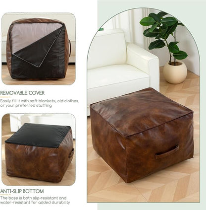 HIGOGOGO Square Stuffed Pouf Ottoman, Pu Leather Poufs with Foam Chunk Filling, Furry and Fluffy Pouf Foot Stool Storage Ottoman,20 X 14 Inches Floor Poufs Foot Rest for Living Room, Dark Brown
