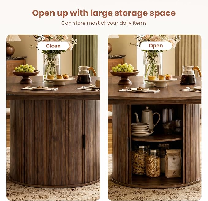 47''-63'' Extendable Round Dining Table for 4-6, Round Dining Room Table with Hidden Storage, Modern Wooden Kitchen Table with Fluted Sliding Door Cabinet for Dining Room Kitchen, Walnut