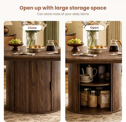 47''-63'' Extendable Round Dining Table for 4-6, Round Dining Room Table with Hidden Storage, Modern Wooden Kitchen Table with Fluted Sliding Door Cabinet for Dining Room Kitchen, Walnut