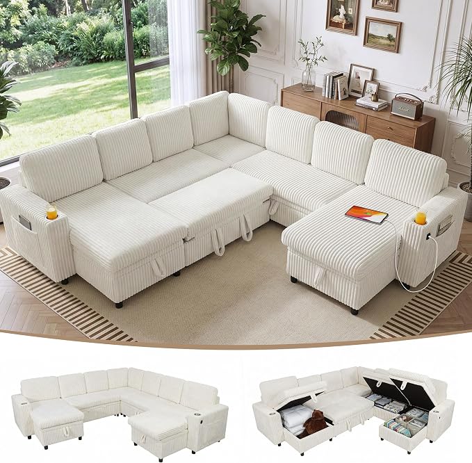 Modular Sectional Sleeper Sofa with Pull Out Bed, Plush Corduroy L Shaped Couch with Storage Chaise, USB Ports, Cup Holders, Comfy Cloud Couches for Living Room, Beige