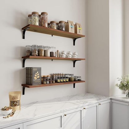Deep Floating Shelves, 12 Inch Extra Wide Solid Wood Wall Shelves, Heavy Duty Wall Mounted Bookshelf for Living Room, Kitchen and Bedroom, Set of 3 (36 Inch, Brown)