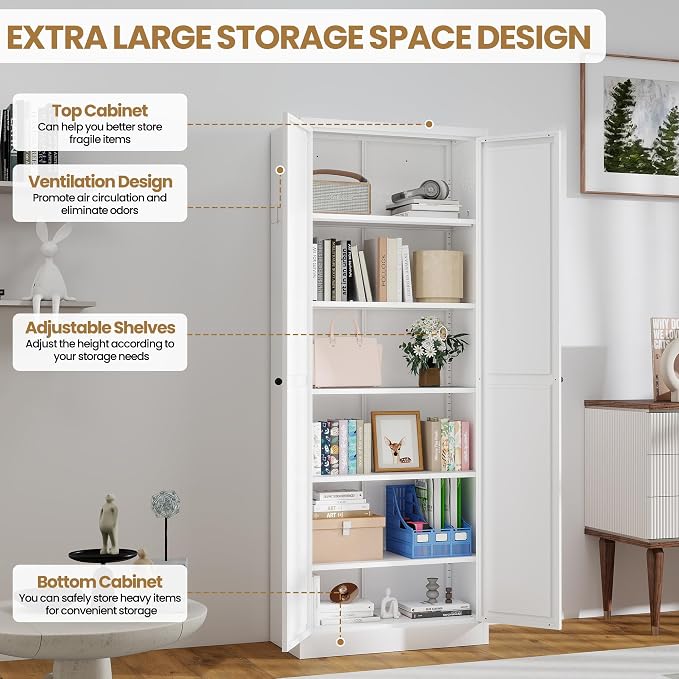 Kitchen Pantry Cabinet, 72" Tall White Metal Storage Cabinet, Kitchen Storage with 2 Doors and 5 Adjustable Shelves, Freestanding Cupboard for Living, Dining Room and Bathroom,Assemble Required