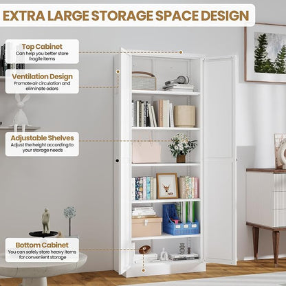 Kitchen Pantry Cabinet, 72" Tall White Metal Storage Cabinet, Kitchen Storage with 2 Doors and 5 Adjustable Shelves, Freestanding Cupboard for Living, Dining Room and Bathroom,Assemble Required