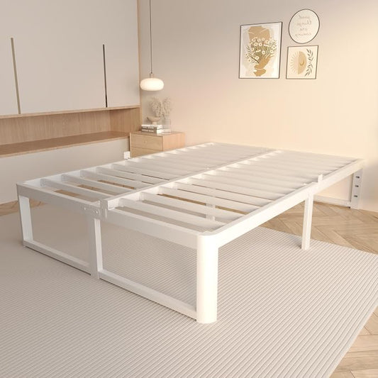 VYM 14 Inch Bed Frame Full Size with Metal Gaskets, Heavy Duty Steel Support 3500 LBS, No Box Spring Needed, DIY Headboard, Anti-Slip Mattress Stopper, Round Corner Leg, Easy Assembly, White