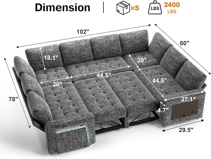Vipbear 8 Seat U Shaped Modular Sectional Sleeper Sofa with Pull Out Bed/Reclining Backrest/USB Ports/Table/LED Light/Storage Seat, Sectional Sleeper Couch, Tool-Free Assembly, Chenille Dark Grey