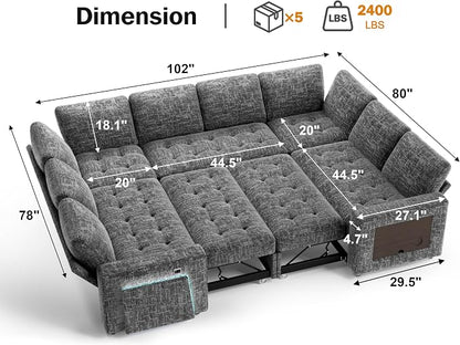Vipbear 8 Seat U Shaped Modular Sectional Sleeper Sofa with Pull Out Bed/Reclining Backrest/USB Ports/Table/LED Light/Storage Seat, Sectional Sleeper Couch, Tool-Free Assembly, Chenille Dark Grey