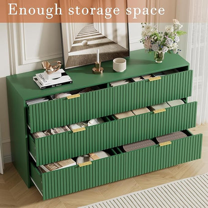 Furniway Green Dresser Bedroom Set 3 Pieces, Nightstands Sets of 2, 6 Drawer Dresser with Gold Handles for Bedroom