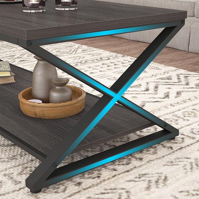 HSH Gray Storage Coffee Table, Modern Center Table for Living Room with Display Shelf, Simple Metal Wooden Rectangle Cocktail Tea Table, Minimalist Home Office Bedroom 2 Tier Coffee Table, 39 Inch