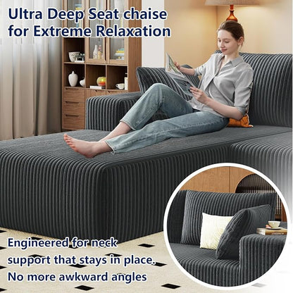 96" Modular Sectional Sofa, Modern Corduroy Cloud Couch with Deep Seat, Boneless Couch Upholstered 3-Seater L-Shaped Sofa for Living Room, No Assembly Required (Dark Grey, Left-Facing Chaise)