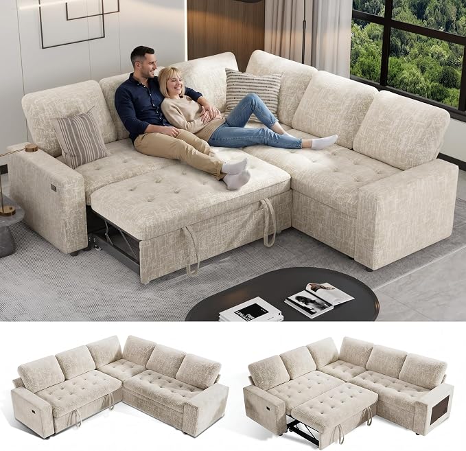 Sunny Heart Chenille Modular Sectional Sleeper Sofa with Pull Out Bed, L Shaped Sectional Sofa with USB Ports/Adjustable Backrest/Storage Seats, Tool-Free Assembly, Couches for Living Room Beige