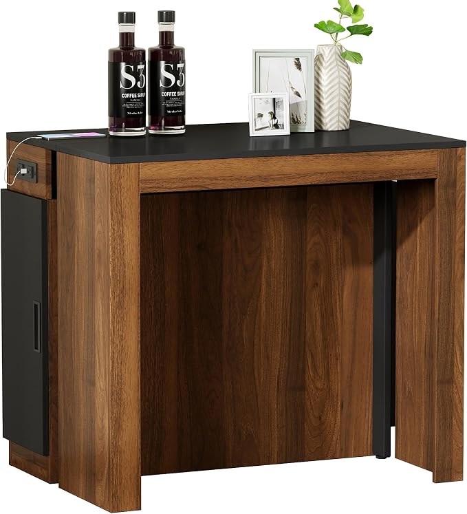 Transforming Table Extender for Dining Table, Pull Out Table, Transformer Console with Storage & Built-in Outlet, Folding Dining Table for 12, Walnut Black