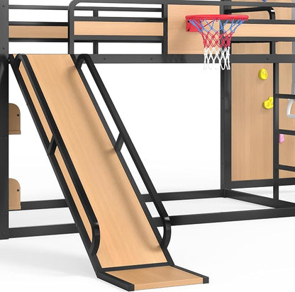 Harper & Bright Designs Heavy Duty Metal Bunk Bed with Slide and Basketball Hoop, Twin XL Size Bunk Bed with Bookshelf and Pull-up Rings for Bedroom, Black+Yellow