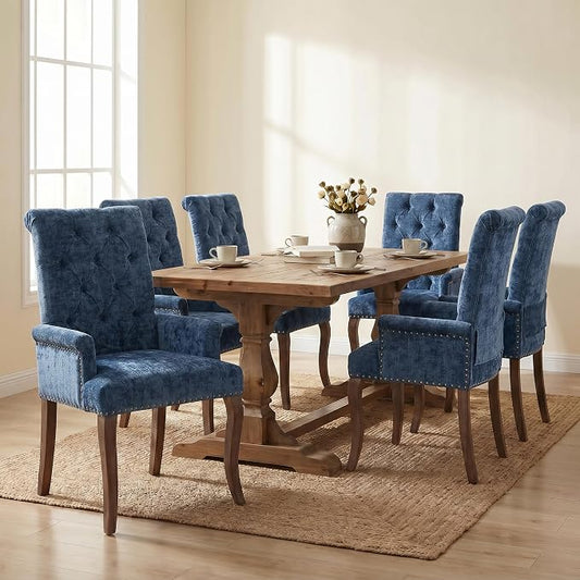 Upholstered Dining Chairs with Arms Set of 6, Blue, 6 Pack | Tufted Chenille Kitchen Chairs with Arms, Modern Farmhouse Armchair with Nailhead Trim for Dining Room, Home Office