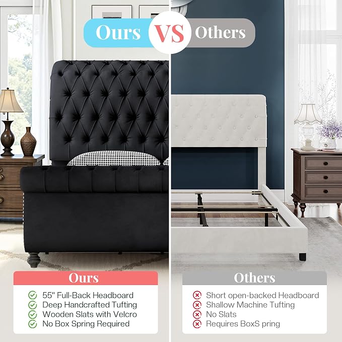 AMERLIFE 55" Sleigh Bed Frame, Black, Queen | Velvet Upholstered Platform, Scroll Headboard & Footboard, Deep Button Tufted, Solid Wood Legs, No Box Spring Needed