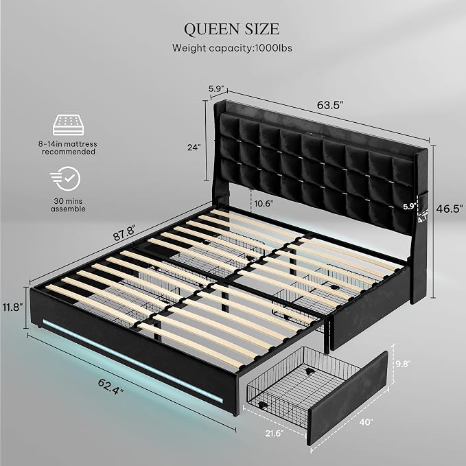DWVO Queen Size Bed Frame with 4 Drawers and RGB LED Lights, Velvet Upholstered Platform Bed with Charging Station and Storage Headboard, No Box Spring Needed, Easy Assembly, Noise-Free, Black