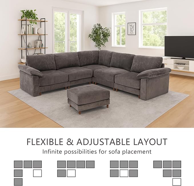 Oversized Modular Cloud Couch with Removable Washable Cover, L/V-Shaped Sectional for Large Living Room, Plush Chenille & Deep Seat（Grey）