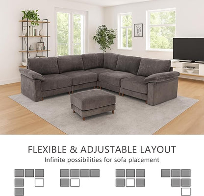 Oversized Modular Cloud Couch with Removable Washable Cover, L/V-Shaped Sectional for Large Living Room, Plush Chenille & Deep Seat（Grey）