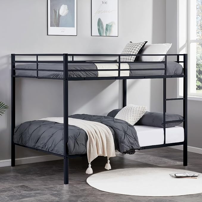 Full Over Full Bunk Bed, Metal Full Size Bunk Beds with Guardrail, Bunk Bed for Adults, Teens, Heavy Duty Bunk Beds Full Size,Safety Guardrail & Ladders, Space-Saving Design, No Box Spring Needed
