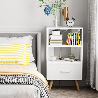 Aenuert Night Stand with Charging Station, White Nightstand with Drawer, 3-Tier Wooden Bedside Table with USB Ports and Outlets, End Table for Small Space, Living Room, Bedroom
