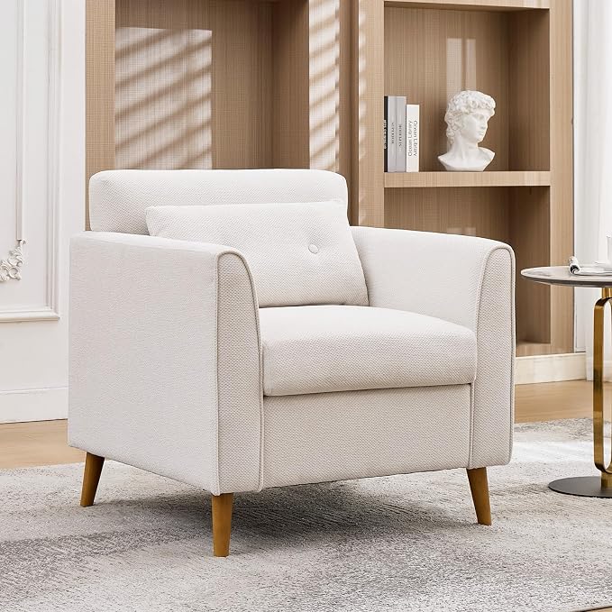 Modern Accent Chair with Wooden Legs Plush Fabric Armchair Chenille Side Single Sofa Chair for Bedroom, Office Cafe Waiting Room Apartment (Beige Armchair)