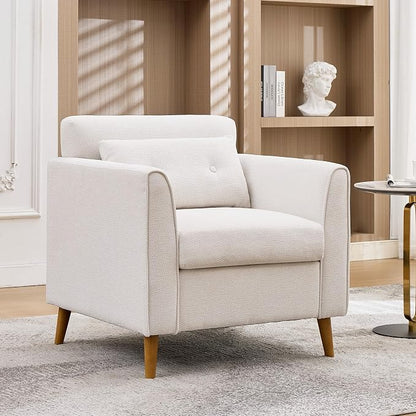 Modern Accent Chair with Wooden Legs Plush Fabric Armchair Chenille Side Single Sofa Chair for Bedroom, Office Cafe Waiting Room Apartment (Beige Armchair)