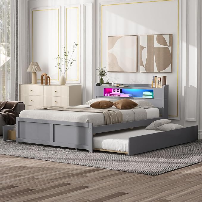GDFStudio Queen Size Storage Bed with LED Headboard, 2 Drawers and Twin Trundle, Modern Wooden Platform Bed Frame for Bedroom Organization, No Box Spring Needed, Easy Assembly, Gray