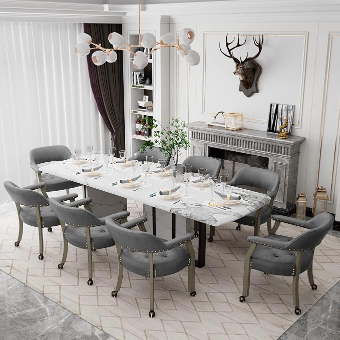LEEMTORIG Set of 8 Dining Chairs with Casters and Arms, Rolling Dining Chairs with Wheels for Elderly, Ergonomic Wide Seat Wooden Office Desk Chair, 26"Dx25.2"W, Grey Legs&Dark Grey Fabric SY-1318-GY