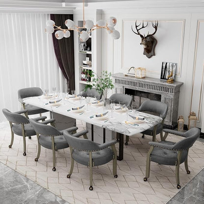 LEEMTORIG Set of 6 Dining Chairs with Casters and Arms, Rolling Dining Chairs with Wheels for Elderly, Ergonomic Wide Seat Wooden Office Desk Chair, 26"Dx25.2"W, Grey Legs&Dark Grey Fabric SY-1318-GY