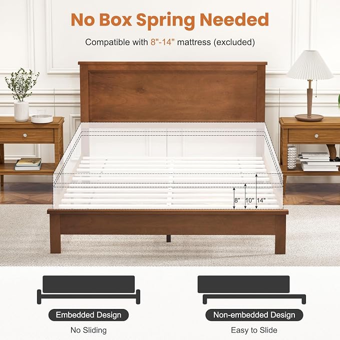 Giantex Wood Full Platform Bed Frame with Headboard, Mid Century Bed Frame with Solid Wood Legs & Wooden Slat Support, Pallet Bed Mattress Foundation, No Box Spring Needed