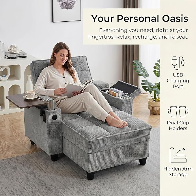 Convertible Sleeper Chair, Pull Out Sofa Bed with Adjustable Backrest & Hidden Storage Armrest, Single Sofa Recliner with USB Charging Port & Cup Holders for Living Room, Bedroom, Gray