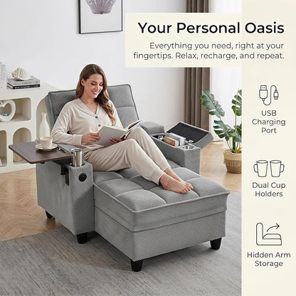 Convertible Sleeper Chair, Pull Out Sofa Bed with Adjustable Backrest & Hidden Storage Armrest, Single Sofa Recliner with USB Charging Port & Cup Holders for Living Room, Bedroom, Gray