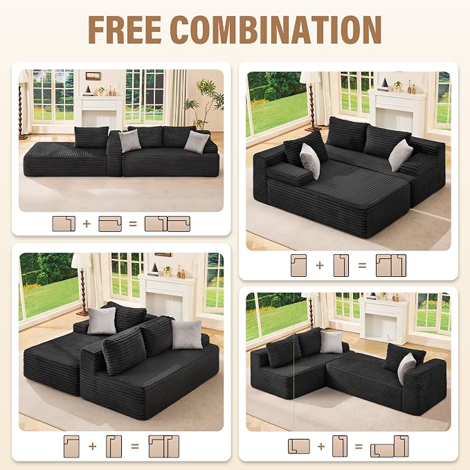Hobestluk Boneless Couch Modular Sectional Sofa L-Shape Cloud Couch Lounge | 96" Left Facing Chaise Black,Memory Foam,Removable Cover,Non-slip Bottom,No Assemble Required,Furniture for Small Home