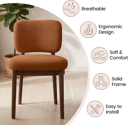 Wooden Dining Chairs Set of 4, Boucle Upholstered Kitchen Chairs with Solid Wood Legs, Mid Century Modern Dining Chairs, Farmhouse Side Chair with Hardwood Frame for Dining Room, Brown