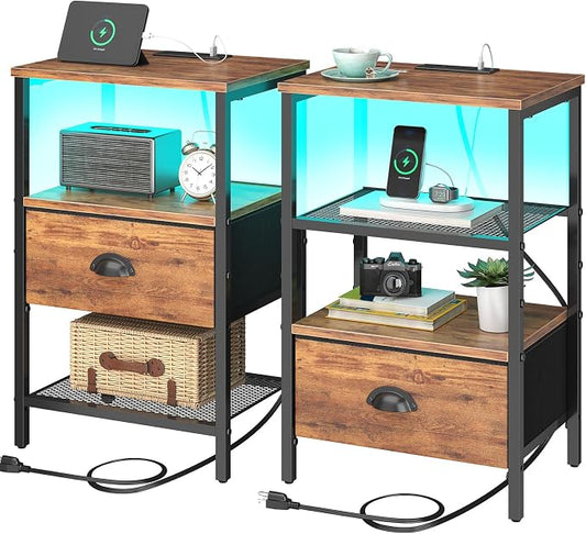 sthmec Nightstands Set of 2, LED Night Stands with Charging Station and Fabric Drawer, Bedside Tables with Drawers, 2- Tier LED Side Table End Table Charging Station Bedroom,Rustic Brown