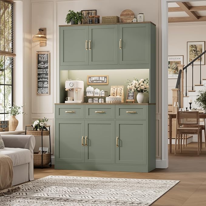 HOSTACK 72" Tall Kitchen Pantry Cabinet with Charing Station | LED Lights, 47" W Kitchen Pantry Storage Cabinet with Countertop, Modern Kitchens Hutch Cabinets with Storage for Dining Room, Green