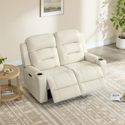 Watson & Whitely Genuine Leather Power Loveseat Recliner Sofa, Lay Flat Loveseat Reclining Sofa with Power Headrest, Cup Holders, USB & Type-C Ports, Dual Recliners for Living Room, Cream