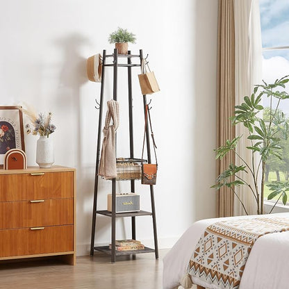 VECELO Industrial Coat Rack,Enterway Clothes Stand with 2 Tier Storage Shelves and Metal Basket,Upgrade Hall Trees with 8 Dual Hooks,Antique Brown