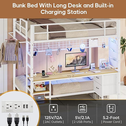 DICTAC Bunk Bed Full Over Twin with Desk and Led Lights Metal Full Over Twin Size Bunk Bed with Charging Station,Storage Shelves and Drawer,Bunk Beds for Teen/Adult with Safety Guard & Ladder,White