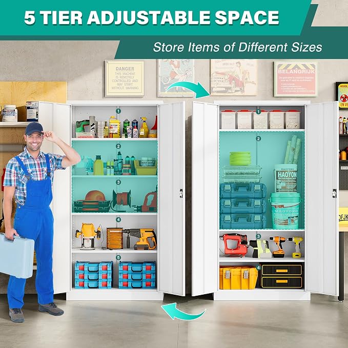 SISESOL White Metal Storage Cabinet with Adjustable Shelves,71" Tall Metal Cabinet with Locking Doors,Steel Cabinet with Lock,Lockable Storage Cabinets for Home,Office,Kitchen,Laundry,Pantry