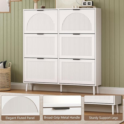 BORNOON Shoe Cabinet for Entryway with 6 Flip Drawers, Slim Wooden Shoe Storage Organizer with Modern Fluted Pannel，Freestanding Narrow Hidden Shoe Rack for Hallway, Foyer, Living Room